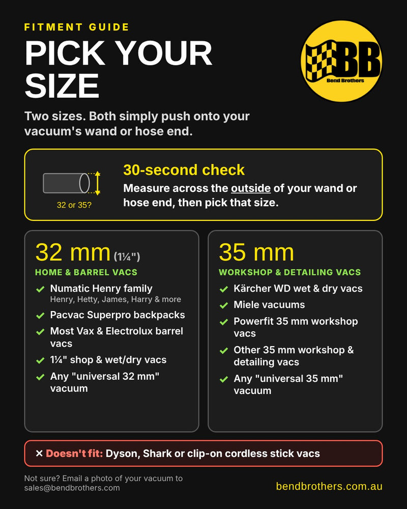 Load image into Gallery viewer, Fitment guide: pick 32 mm or 35 mm crevice tool to suit your vacuum wand or hose
